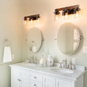 19" Rustic Vanity Light Industrial Bathroom Wall Sconce with Glass Shades and Wood Accent (No Bulbs) - 1 of 4
