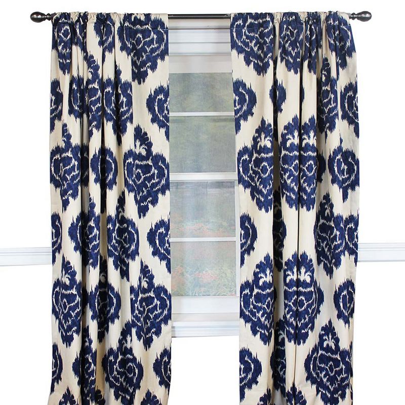 RLF Home Flame Large Damask Flame Design Pair Of Lined Panels 3" Rod Pocket (Pair) Navy Blue/Ivory, 1 of 4