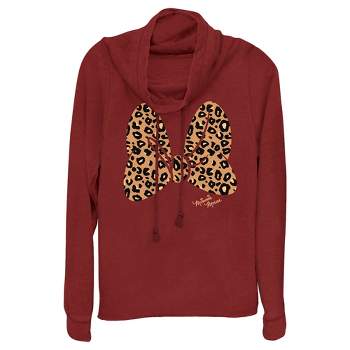 Juniors Womens Mickey & Friends Cheetah Print Minnie Mouse Bow Cowl Neck Sweatshirt
