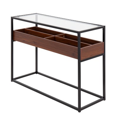 Contemporary Black Steel & Walnut Wood Console Table with Glass Top