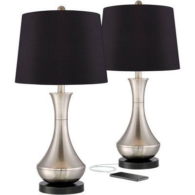 360 Lighting Simon Modern Table Lamps 25 1/2" High Set of 2 Brushed Nickel with USB Charging Port Black Faux Silk Drum Shade for Bedroom Office Desk