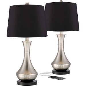 360 Lighting Simon Modern Table Lamps 25 1/2" High Set of 2 Brushed Nickel with USB Charging Port Black Faux Silk Drum Shade for Bedroom Office Desk - 1 of 4