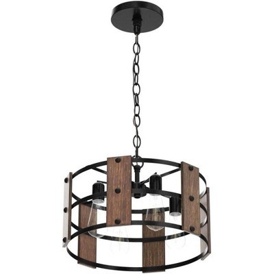 Runesay  4-Light Farmhouse Chandelier Light Fixtures Adjustable Height, Rustic Drum Pendant Light, Walnut Wood and Black Metal Finish, E26 Base
