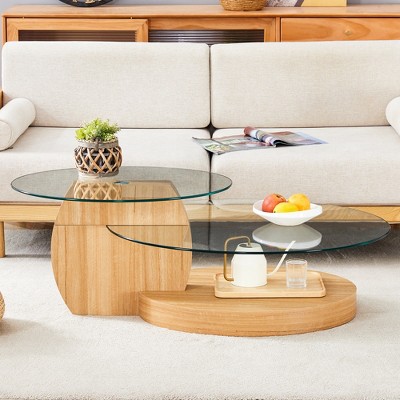 Oval Coffee Table with Double Layer Design, Glass Cocktail Table Accent Table Sofa Side Table Center Table, Marble / Wood Grain - ModernLuxe