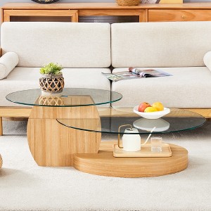 Oval Coffee Table with Double Layer Design, Glass Cocktail Table Accent Table Sofa Side Table Center Table, Marble / Wood Grain - ModernLuxe - 1 of 4