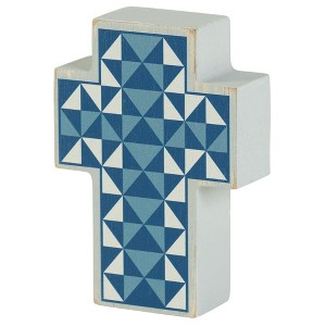 Dicksons Quilted Pattern Decorative Block Style Blue and White 4 x 2.75 MDF Tabletop Cross Shaped Plaque - 1 of 2