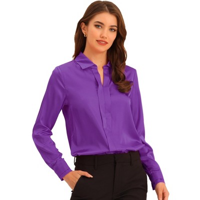 Allegra K Women's Elegant V Neck Long Sleeve Office Work Satin Blouse Deep  Purple Small : Target