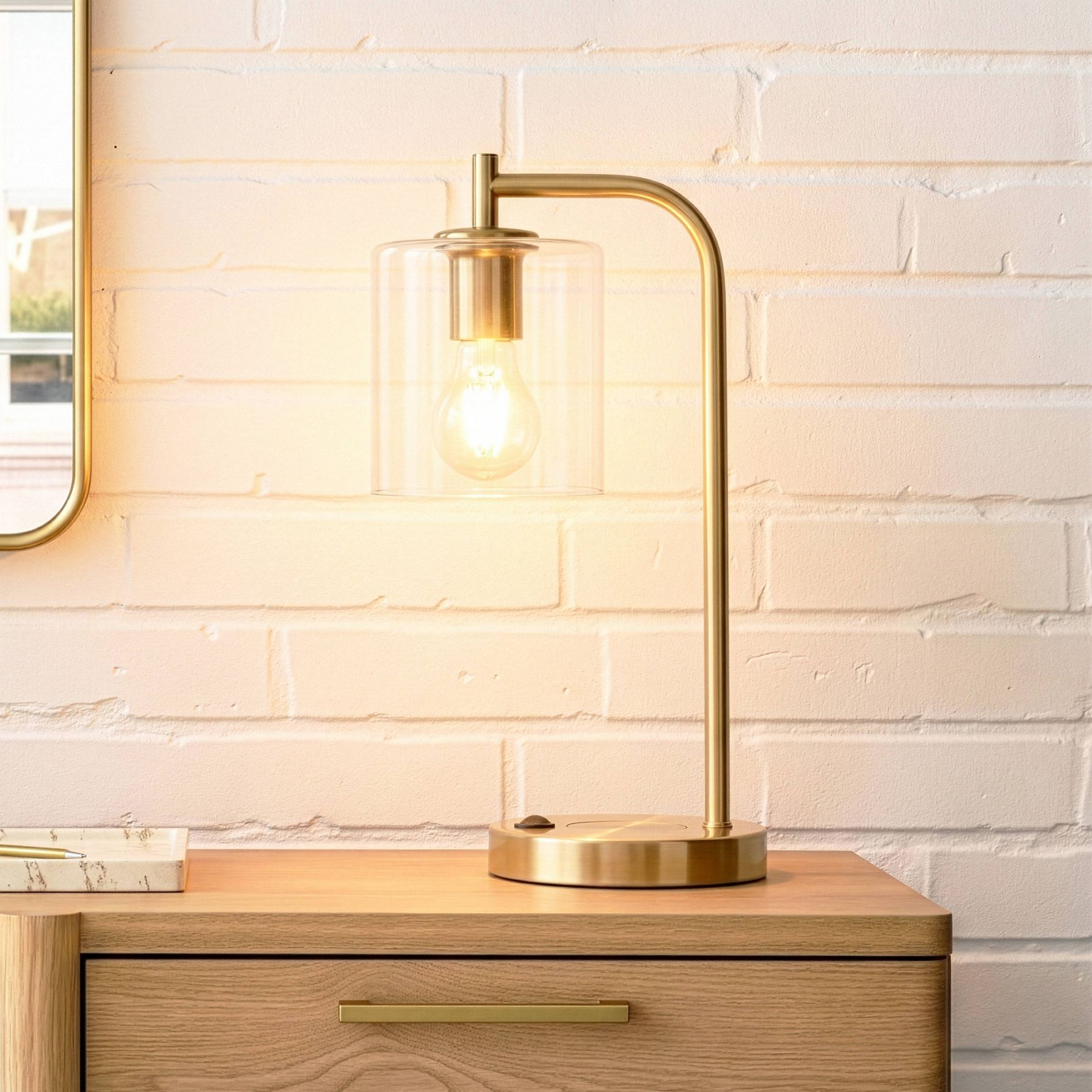 Brightech Elizabeth Modern (Includes LED Light Bulb) USB & Wireless Charging Arc Desk Table Lamp Antiqued Brass: 16" USB Port, UL Listed