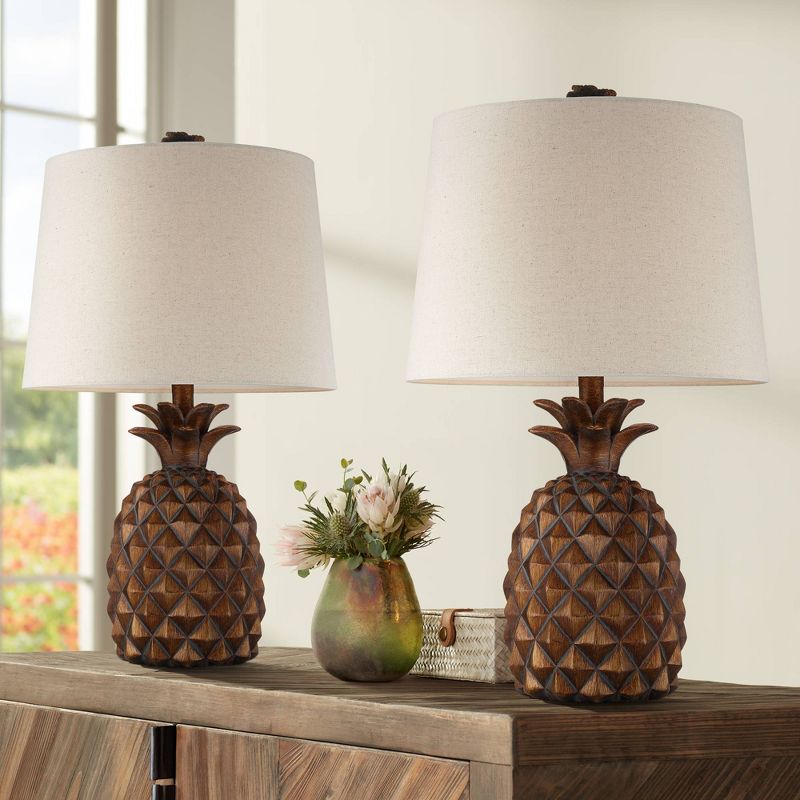 Regency Hill Paget 23 3/4" High Pineapple Small Coastal Tropical Accent Table Lamps Set of 2 Brown Living Room Bedroom Bedside Oatmeal Shade, 2 of 9