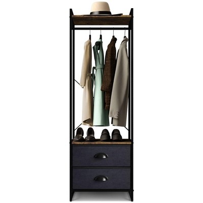 Portable Black Steel and Wood Garment Rack with Drawers