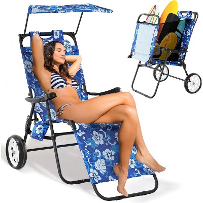 DoCred Folding Beach Chair with Canopy & Wheels, Reclining Lounge Chair Cart for Camping, Tailgates & Fishing