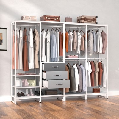 Aheaplus 74'' Closet Organizer with Wood Drawers, Garment Rack with Wood Shelves and Hanging Rods