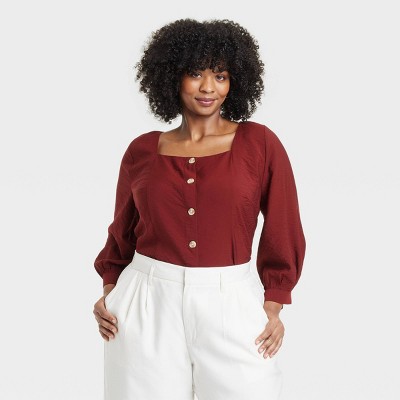 Women's Balloon 3/4 Sleeve Square Neck Blouse - A New Day™ Burgundy 3X