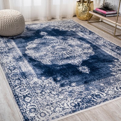 Navy and Ivory Rectangular Synthetic Medallion Area Rug