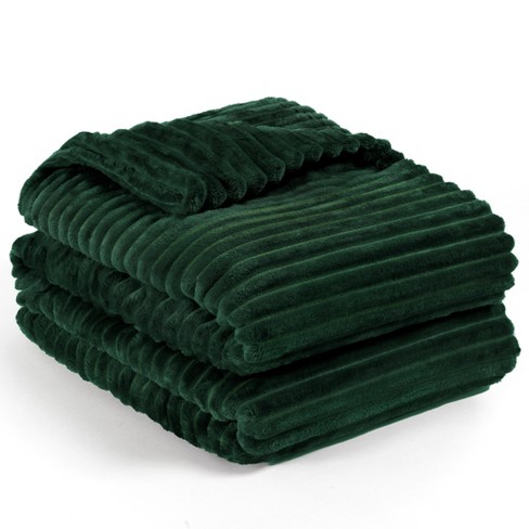 PAVILIA Super Soft Fleece Flannel Ribbed Striped Throw Blanket Luxury Fuzzy Plush Warm Cozy for Sofa Couch Bed Emerald Green Twin 60x80