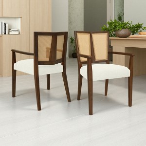 Set of 2 Upholstered Arm Dining Chairs with Rattan Back and Rubberwood ...