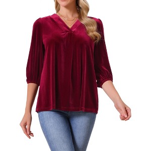 INSPIRE CHIC Women's Velvet V Neck 3/4 Puff Sleeve Fall Trendy Casual Blouse - 1 of 4