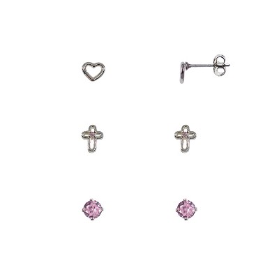 FAO Schwarz Cross, Heart and Pink Stud Trio Earring Set