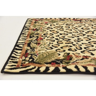 Ivory and Black Leopard Print Runner Rug with Botanical Border
