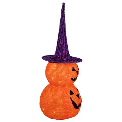 30" Pre-lit Stacked Jack-O-Lanterns with Purple Witch Hat