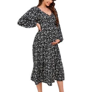Garvee Womens Casual Maternity Dress Boho Chic Floral V Neck Long Sleeve A Line Ruffle Hem Midi Dresses - 1 of 4