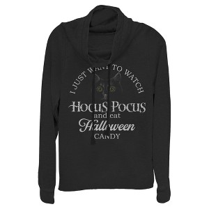Juniors Womens Disney Hocus Pocus Just Want to Eat Halloween Candy Cowl Neck Sweatshirt - 1 of 4