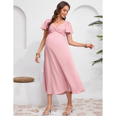 Maternity Dress Ruffle Short Sleeve V Neck Twist Front Summer A Line Midi Dress Baby Shower Photoshoot