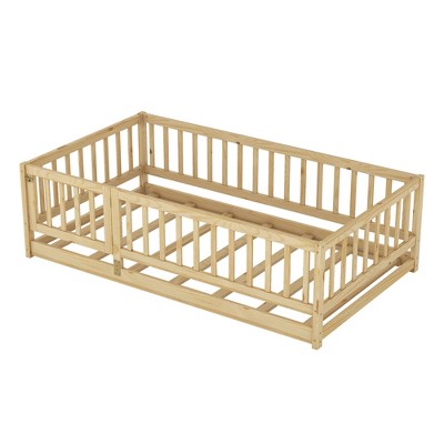 Bellemave Twin Montessori Floor Bed with Slats, Fence & Door, Kids Wood Bed for Boys & Girls, Oak, No Box Spring Needed, Sturdy & Safe