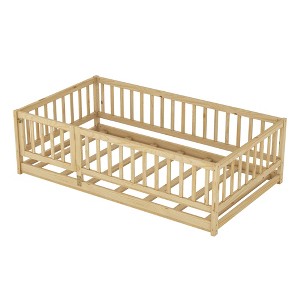 Bellemave Twin Montessori Floor Bed with Slats, Fence & Door, Kids Wood Bed for Boys & Girls, Oak, No Box Spring Needed, Sturdy & Safe - 1 of 4