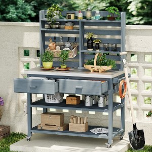 64.9"H Garden Potting Bench Table, Outdoor Kitchen Island with Wheels, Planting Work Bench with Stainless Steel Top for Patio Garden - 1 of 4