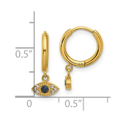 Chisel Stainless Steel Yellow IP-plated Blue and White Zircon Evil Eye Dangle Hinged Hoop Earrings