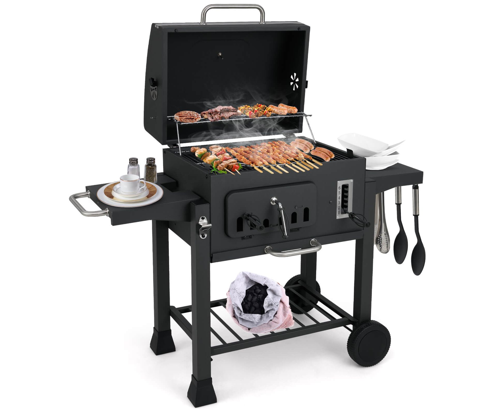 Costway Barrel Charcoal Grill with 2 Folding Side Tables 24-Inch Outdoor Barbecue Grill