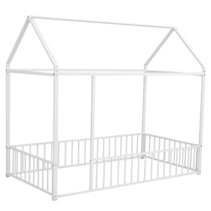 TopComfy Beds Twin Size Metal Bed Frame with Fence for Kids Sturdy Construction House Shaped Design for Children Bedroom, White, 79.53"*13.78"*3.74" - 1 of 4