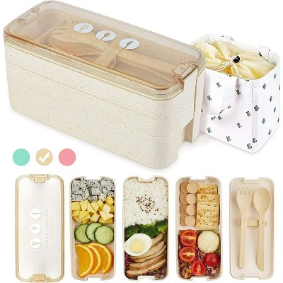 LunaLulinlk Three-layer lunch box bento box with spoon and fork, leak-proof lunch box with bonus lunch bag (beige)