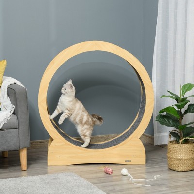 Natural Wood Cat Exercise Wheel with Carpet Runway