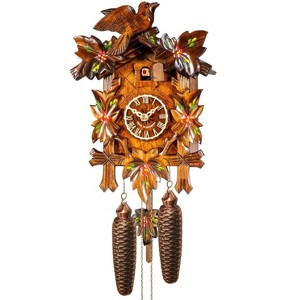 Eight Day Cuckoo Clock With 13 Inch Height Five Hand-Carved Maple Leaves One Bird Painted Flowers By River City Clocks - 1 of 3