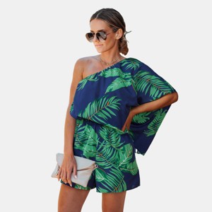Women's Tropical One-Shoulder Romper with Palm Leaf Print - Cupshe - 1 of 4