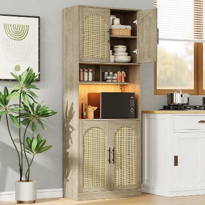 71" Pantry Cabinet, Tall Rattan Kitchen Hutch with Led Lights, Freestanding Kitchen Cabinet with Microwave Shelf, for Dining Room
