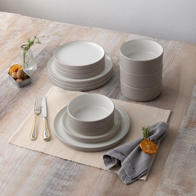 Taupe and White Porcelain 12-Piece Dinnerware Set, Service for 4