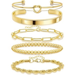14K Gold Plated Chunky Cuff Bracelet Set for Women with Tie Knot Cuban Rope Paperclip Beaded Designs, Non Tarnish - 1 of 4