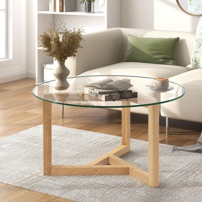 Round Glass Coffee Table, Tempered Glass Top, Sturdy Wood Base, Easy Assembly, Natural [New Picture]