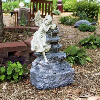 Angel Falls Gray Polyresin Solar Water Fountain with LED Light