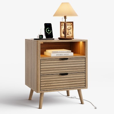 WOWLIVE Nightstand for Bedroom with LED Lights & Charging Station, Bedside Table with 2 Drawers and an Open Shelf