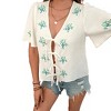 Womens Short Sleeve Front Bow Tie Embroidered Shirt Style Cardigan - 3 of 4