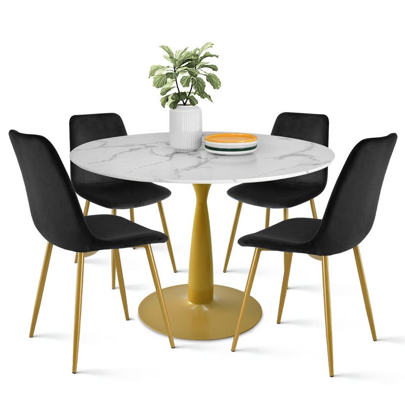Harris+Bingo 5-Piece Round-Shaped Artificial Marble Dining Table Set With 4 Velvet Upholstered Chairs Gold Legs -Maison Boucle, 3 of 10