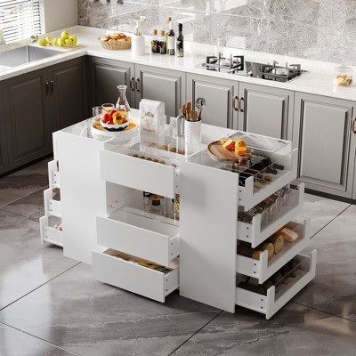 FUFU&GAGA White Kitchen Island with Tempered Glass Top, Multifunctional Storage with 14 Drawers Cabinet,Prep Station