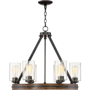 Franklin Iron Works Metal Wood Wagon Wheel Chandelier 25" Wide Rustic Farmhouse Clear Seeded Glass 6-Light Fixture for Dining Room - 1 of 4