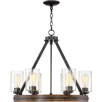 Franklin Iron Works Metal Wood Wagon Wheel Chandelier 25" Wide Rustic Farmhouse Clear Seeded Glass 6-Light Fixture for Dining Room