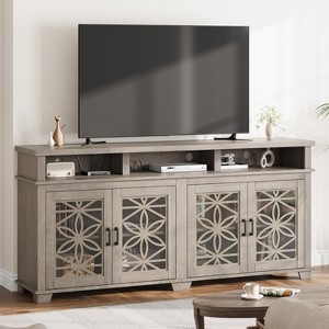 Farmhouse TV Stand for 80" TVs | LED Lights & Glass Doors | MDF Storage Cabinet | Mid-Century Modern Design | for Living Room & Bedroom - 1 of 4