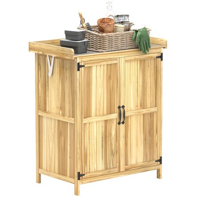 Outsunny Outdoor Garden Shed, Wooden Backyard Shed with Metal Tabletop, Shelf and 2 Doors for Patio, Lawn